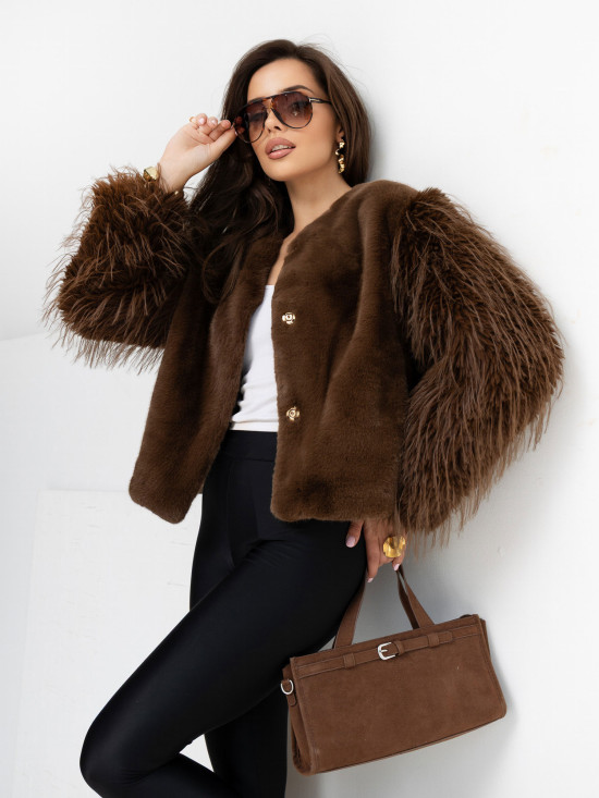 Elegantná hnedá kožušinová bunda