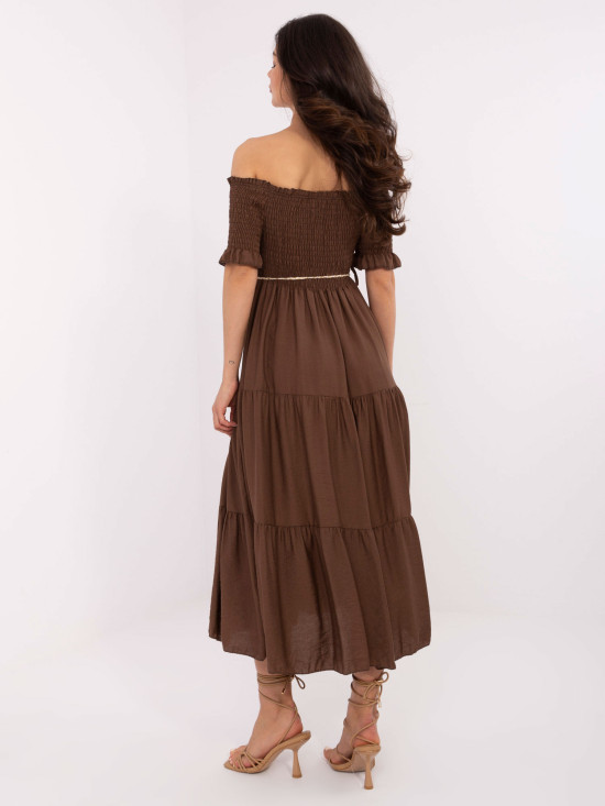 Hnedé letné midi šaty s off-shoulder strihom