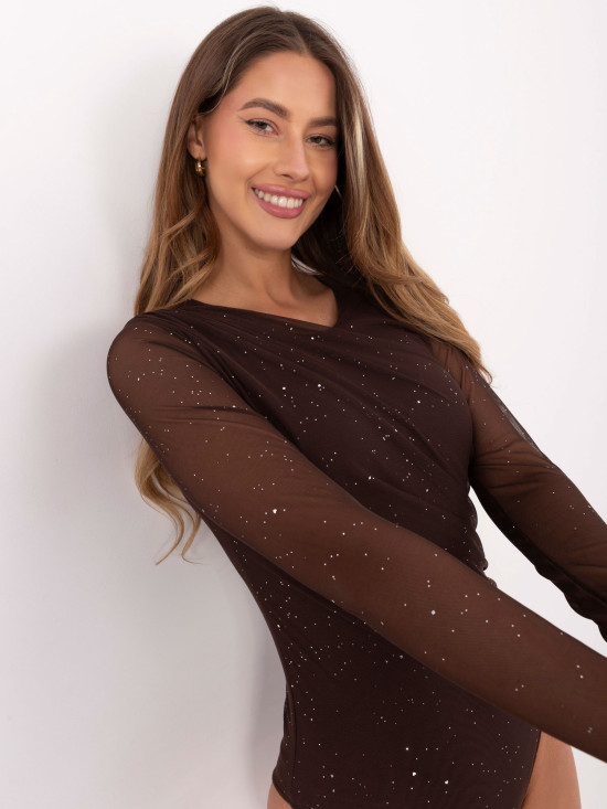 Elegantné hnedé body s aplikáciou a dlhým rukávom