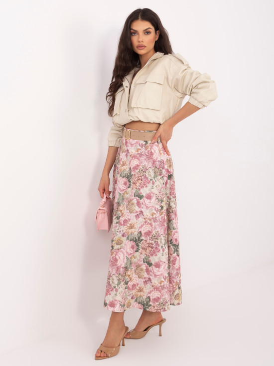 Elegantná midi sukňa s kvetinovým vzorom a opaskom, ružová