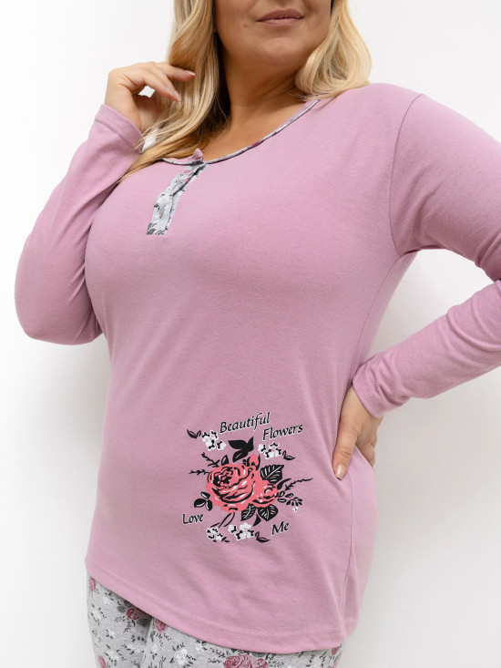 Dámske pyžamo s kvetinovým vzorom, dlhý rukáv, ružové