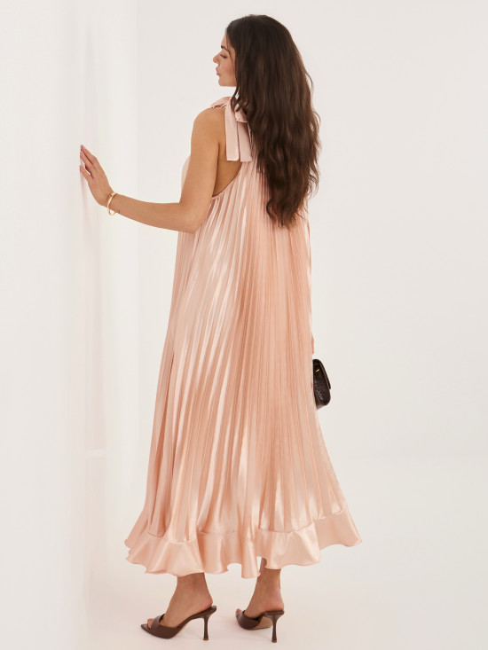 Broskyňové koktejlové midi šaty s volánom a viazaním