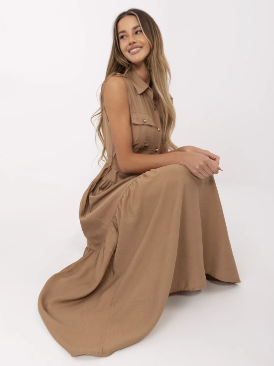 Elegantné maxi šaty s volánmi camel hnedé