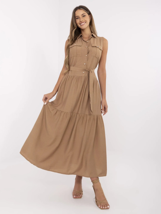Elegantné maxi šaty s volánmi camel hnedé