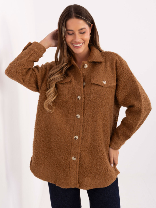 Hnedá casual košeľová bunda s golierom a vreckami