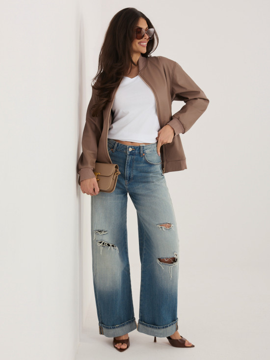 Béžová prechodná bunda z ekokože so stojačikom