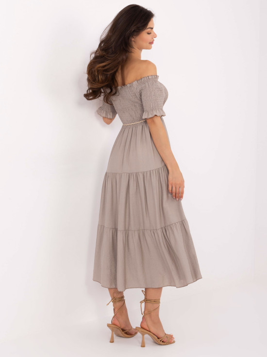 Béžové letné midi šaty s off-shoulder strihom