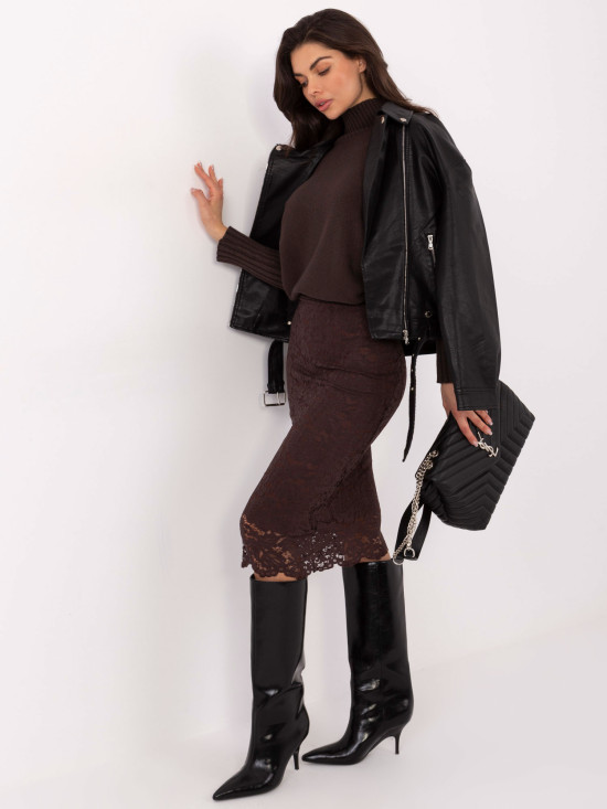 Elegantná midi sukňa s čipkou a podšívkou, hnedá