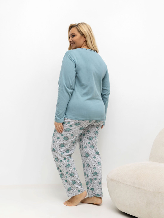 Dámske pyžamo s kvetinovým vzorom, dlhý rukáv, zelené