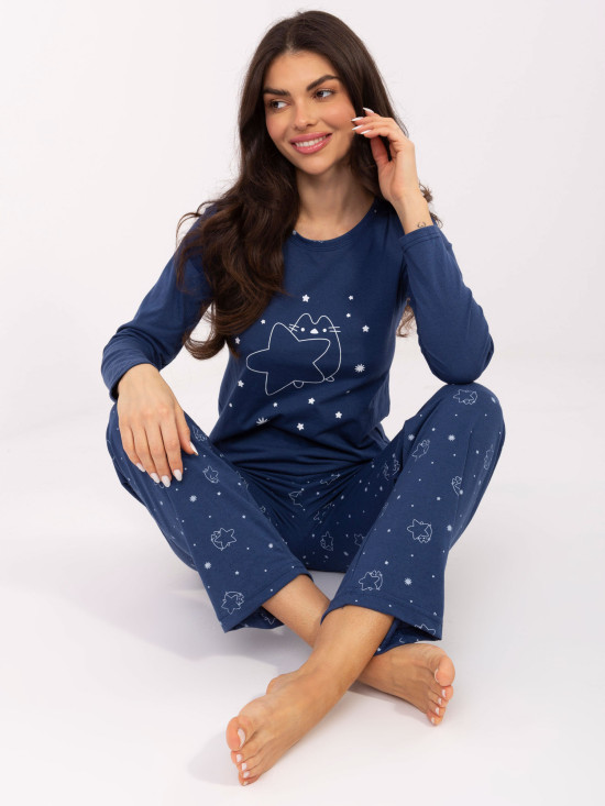 Dámske pyžamo s dlhým rukávom v tmavomodrej farbe