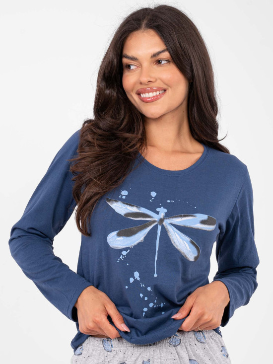 Dámske bavlnené pyžamo s dlhým rukávom, tmavomodré