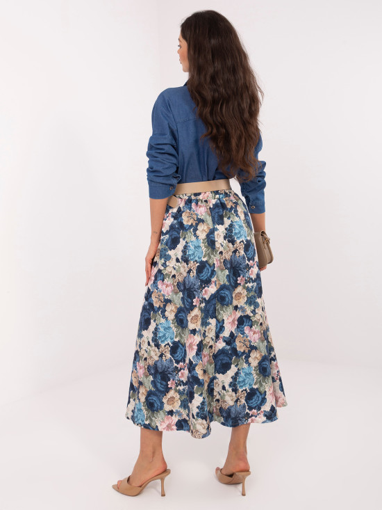 Elegantná midi sukňa s kvetinovým vzorom a opaskom, tmavomodrá