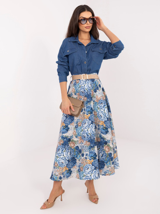 Elegantná midi sukňa s kvetinovým vzorom a opaskom, modrá