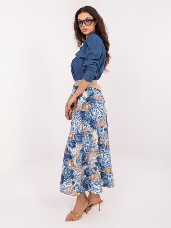 Elegantná midi sukňa s kvetinovým vzorom a opaskom, modrá