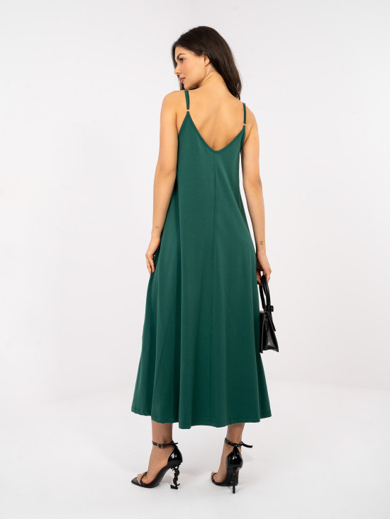 Maxi letné šaty na ramienka v tmavozelenej farbe