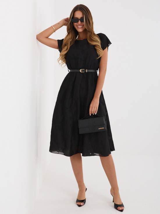 Čierne rozšírené midi šaty s opaskom