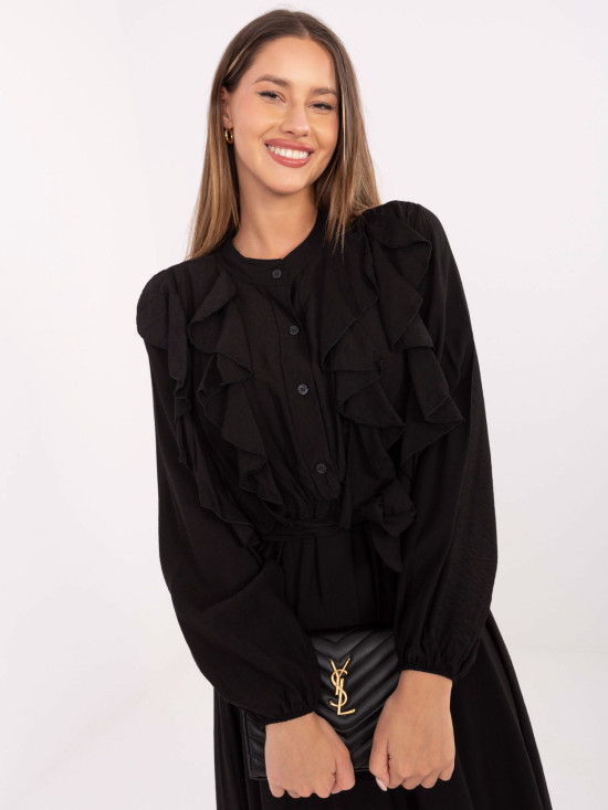 Čierne midi košeľové šaty s volánmi a opaskom