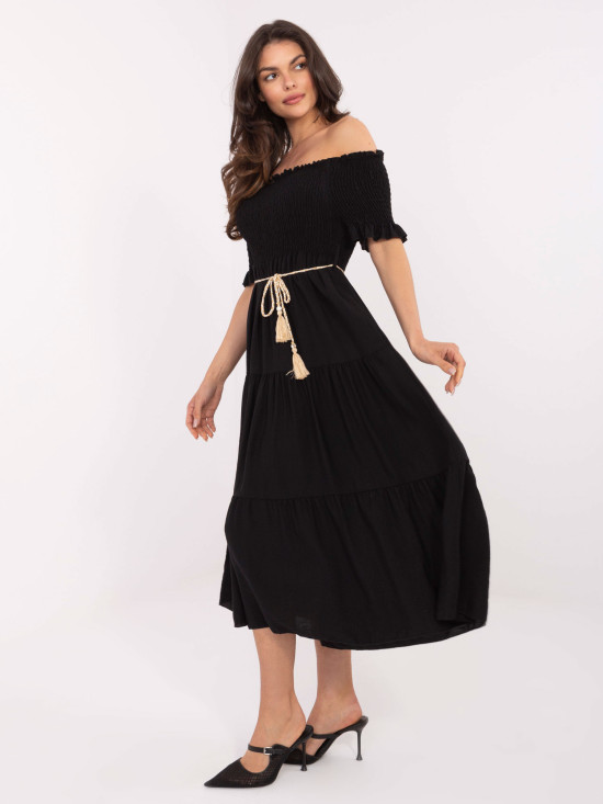 Čierne letné midi šaty s off-shoulder strihom
