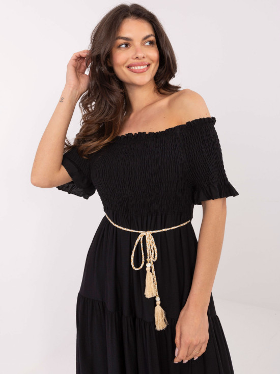 Čierne letné midi šaty s off-shoulder strihom