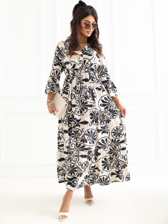 Čierne midi šaty s potlačou a viazaním