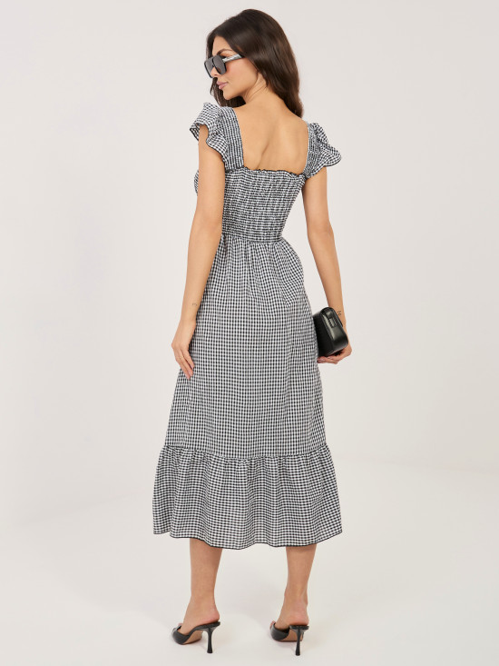 Čierne midi šaty s volánom a károvaným vzorom