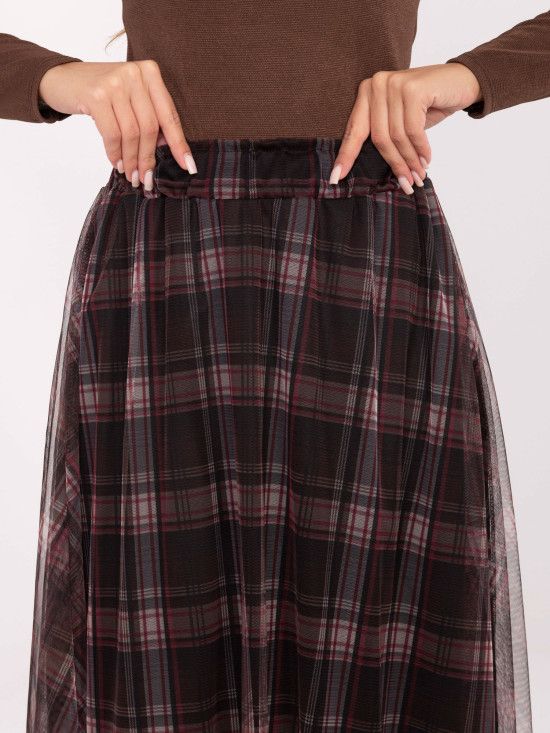 Bordová elegantná tylová midi sukňa s károvaným vzorom,