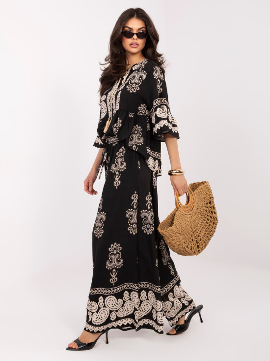 Dámsky komplet s potlačou a viazaním, čierny