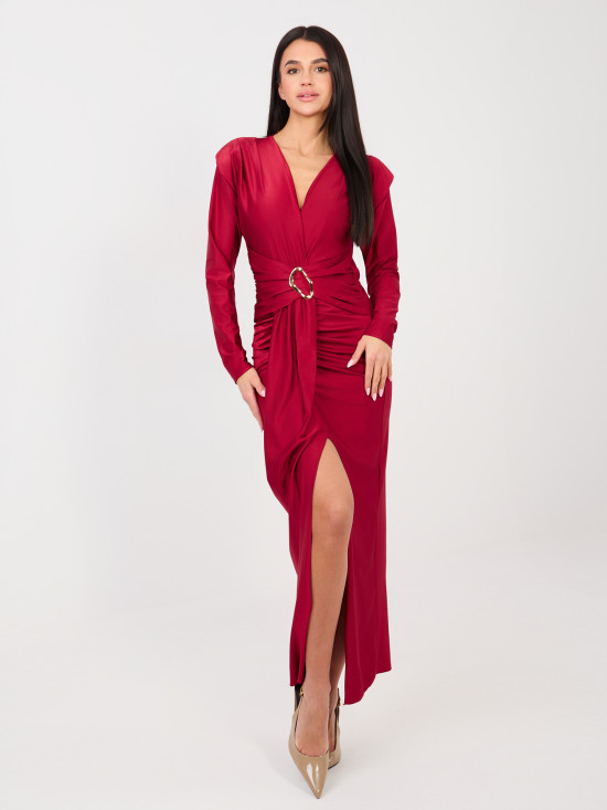 Červené elegantné maxi šaty s dlhým rukávom a prekladaným výstrihom