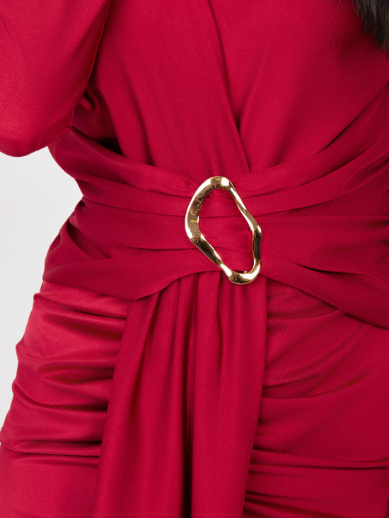 Červené elegantné maxi šaty s dlhým rukávom a prekladaným výstrihom