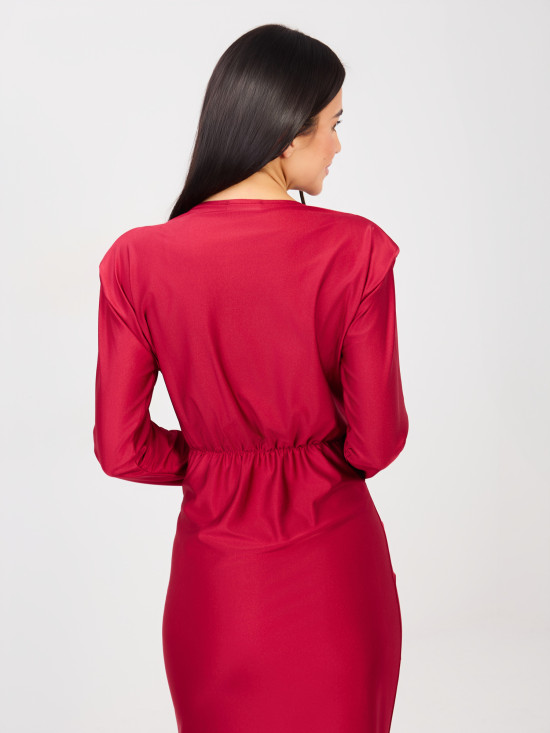 Červené elegantné maxi šaty s dlhým rukávom a prekladaným výstrihom