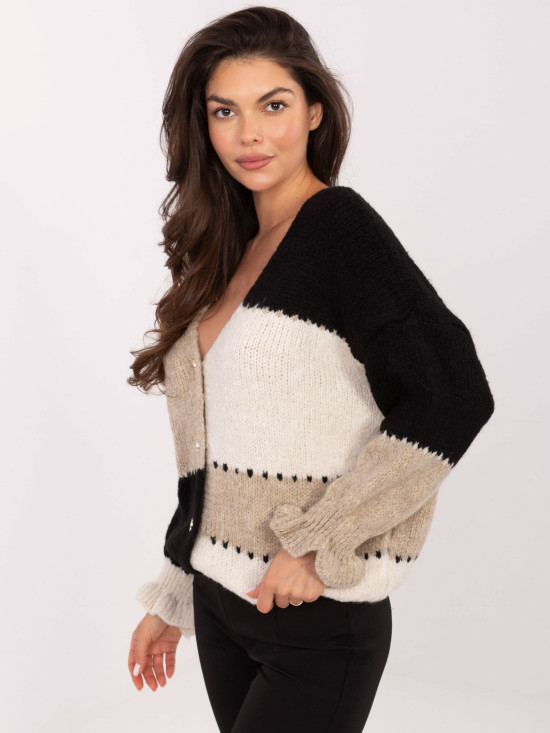 Čierno-béžový pruhovaný kardigán s volánom a V-výstrihom