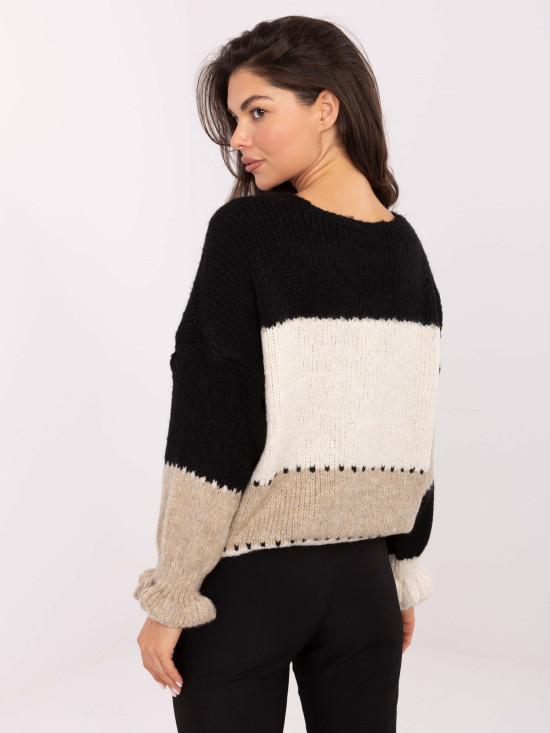 Čierno-béžový pruhovaný kardigán s volánom a V-výstrihom