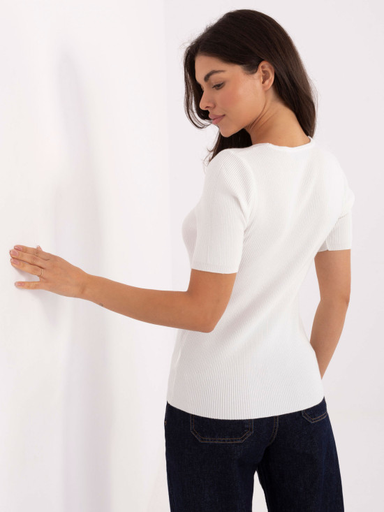 Ecru rebrovaný pulóver s V-výstrihom