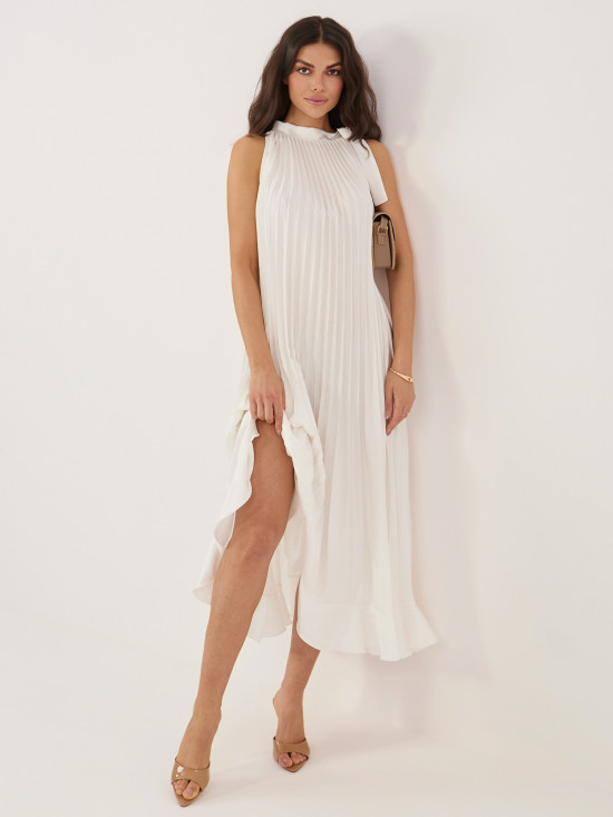 Elegantné midi šaty s volánom a viazaním, ecru