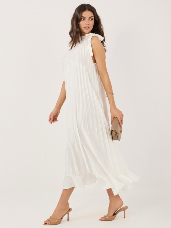 Elegantné midi šaty s volánom a viazaním, ecru