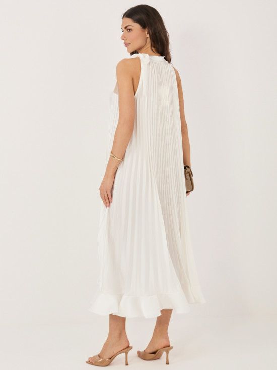 Elegantné midi šaty s volánom a viazaním, ecru