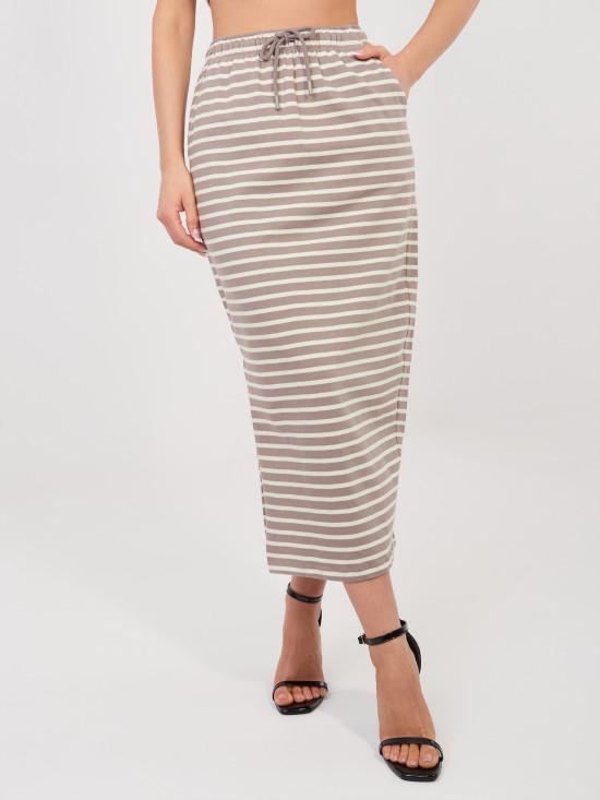 Béžová midi sukňa s pásikmi a vreckami