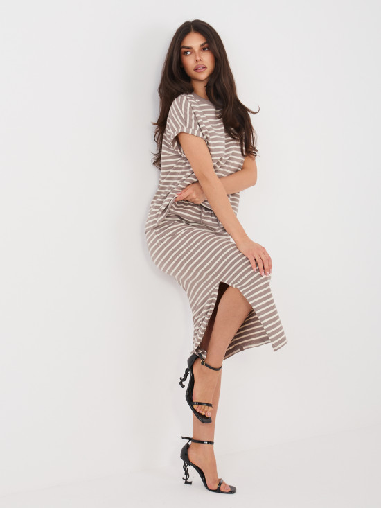 Béžová midi sukňa s pásikmi a vreckami