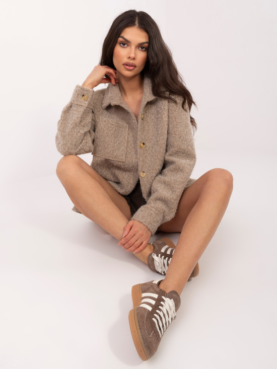 Tmavobéžová prechodná bunda s golierom