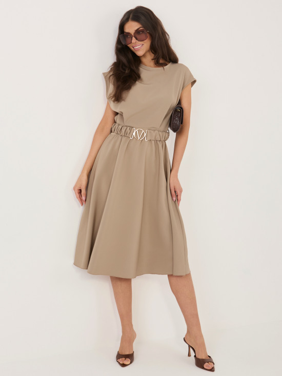 Béžové rozšírené midi šaty s opaskom