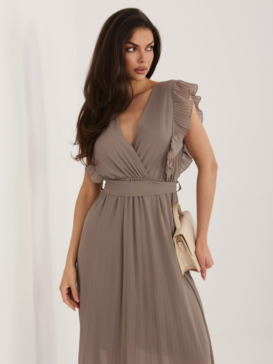 Tmavobéžové rozšírené midi šaty s opaskom