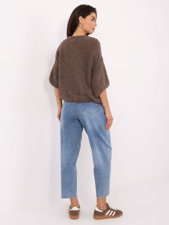 Tmavobéžový elegantný pulóver s 3/4 rukávom a gombíkmi