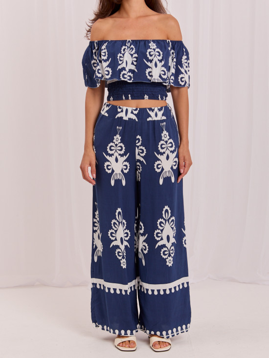Boho súprava s blúzkou a nohavicami, modrá