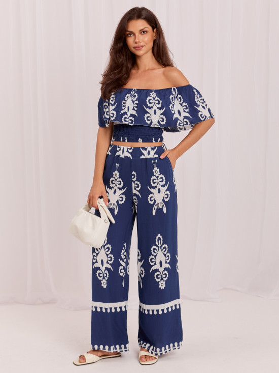 Boho súprava s blúzkou a nohavicami, modrá