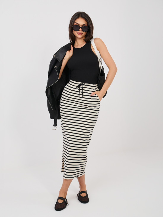 Čierna/béžová midi sukňa s pásikmi a vreckami