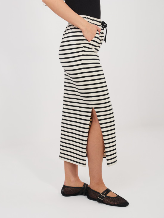 Čierna/béžová midi sukňa s pásikmi a vreckami