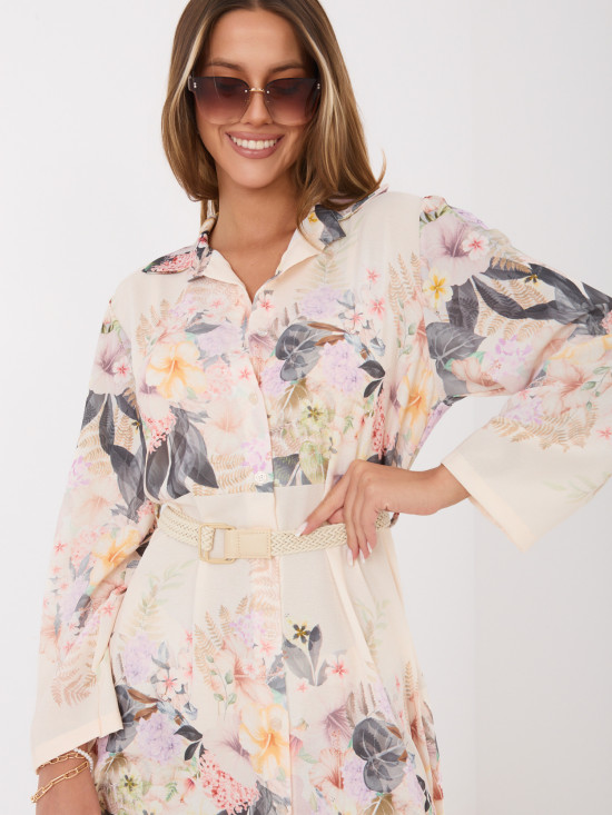 Béžové rozšírené šaty s kvetinovým vzorom