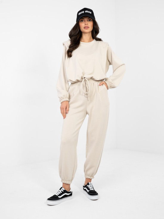 Dámsky béžový komplet s dlhým rukávom a viazaním