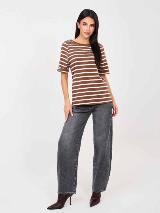 Béžové pruhované tričko s krátkym rukávom