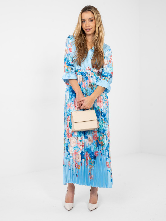 Maxi kvetinové šaty s opaskom, modré